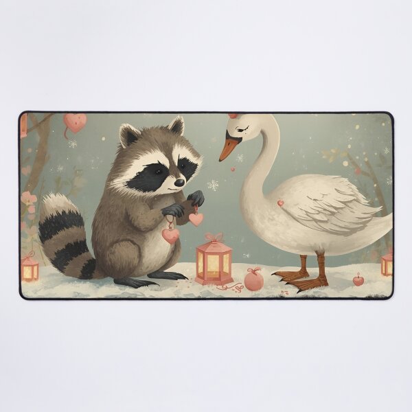 Item preview, Valentine’s Raccoon & Swan Couple • Whimsical Heart Bauble Prep Art designed and sold by WildlifeWhimsy.
