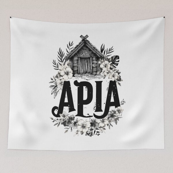 Item preview, Apia Samoa with tropical hut and hibiscus – monochrome island motif designed and sold by Meiersbeste.