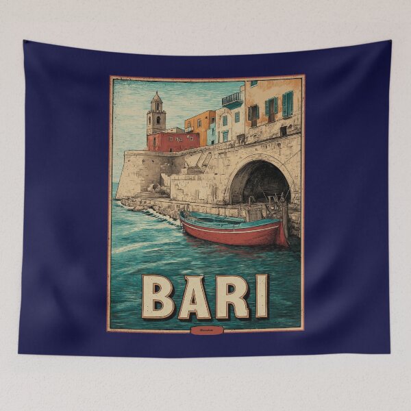 Item preview, Bari Italy poster with old town and harbor boat – vintage travel motif designed and sold by Meiersbeste.
