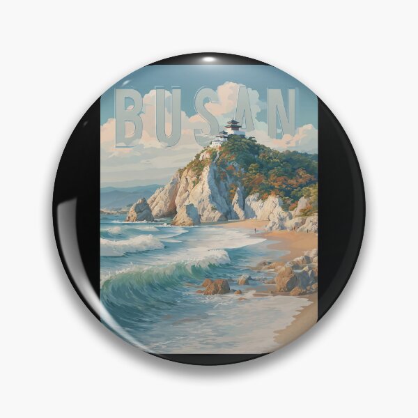 Item preview, Busan, South Korea: Coastal scene with temple by the sea – Vintage travel poster designed and sold by Meiersbeste.