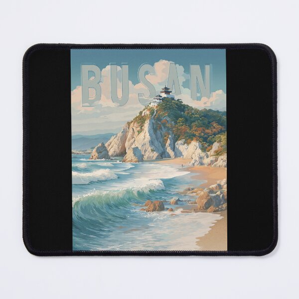 Item preview, Busan, South Korea: Coastal scene with temple by the sea – Vintage travel poster designed and sold by Meiersbeste.