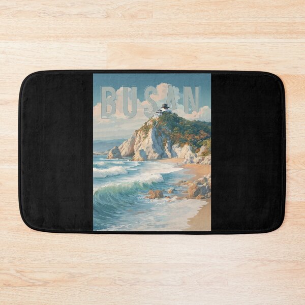 Item preview, Busan, South Korea: Coastal scene with temple by the sea – Vintage travel poster designed and sold by Meiersbeste.