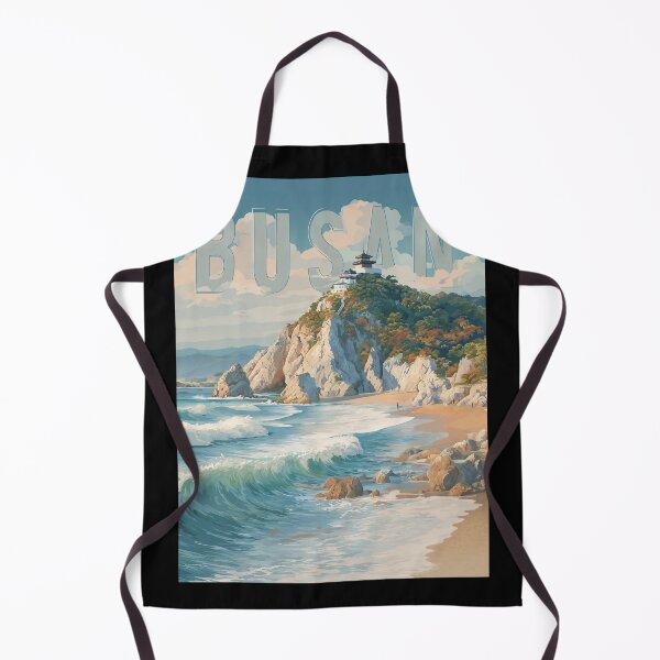 Item preview, Busan, South Korea: Coastal scene with temple by the sea – Vintage travel poster designed and sold by Meiersbeste.