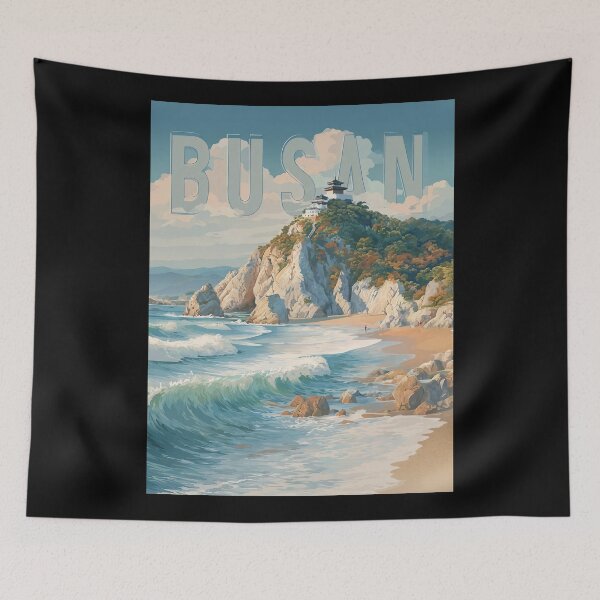 Item preview, Busan, South Korea: Coastal scene with temple by the sea – Vintage travel poster designed and sold by Meiersbeste.