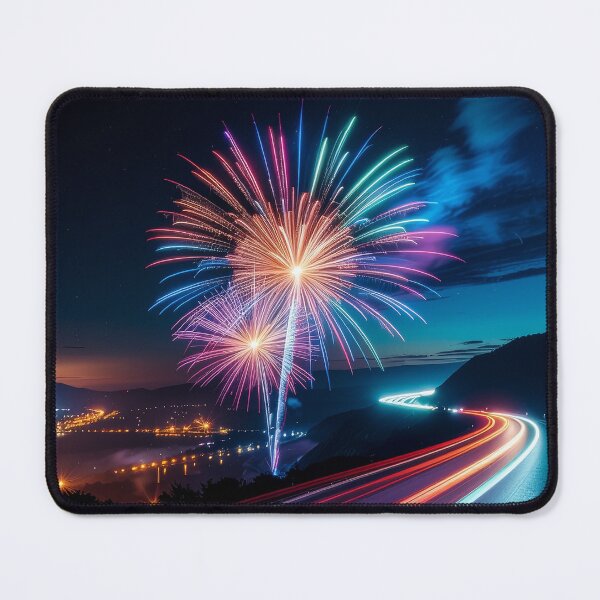 Item preview, Colorful and realistic fireworks, New Year's celebration, New Year's Eve art print designed and sold by angel-cat-22.