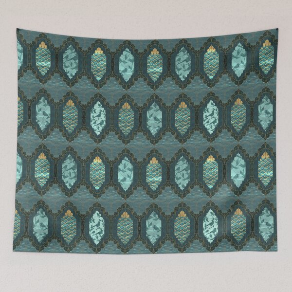 Item preview, Teal and Gold Nouveau Pineapples Birds and Botanicals designed and sold by the-coin-jar-co.