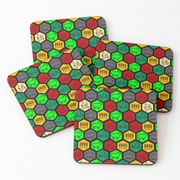 Aperçu de l'œuvre Motif amusant et geek représentant des moutons en bois, des briques, du blé, des rochers et des icônes du désert, inspiré des jeux de société hexagonaux. créée et vendue par MathWare MathClips.