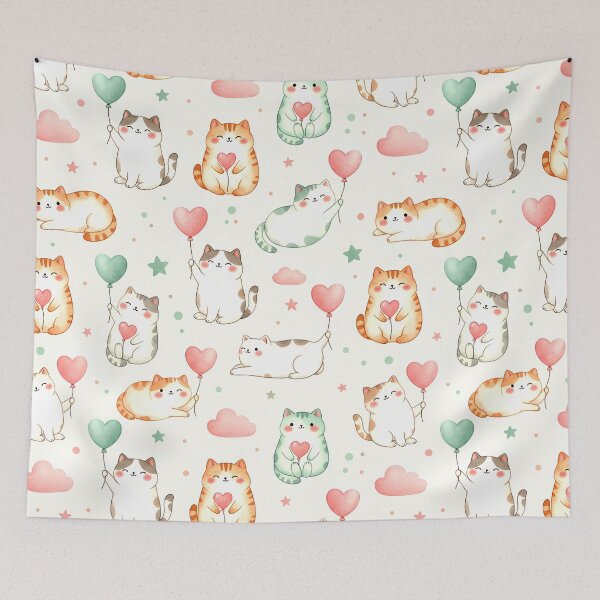 Item preview, Pastel Chibi Cats with Heart Balloons Seamless Pattern designed and sold by meesub.