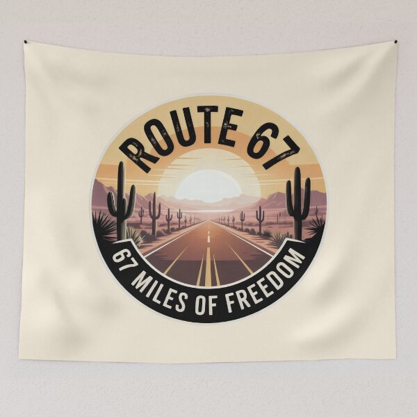 Item preview, Route 67 Desert Highway Emblem with Sunset and Cactus Landscape designed and sold by SplashTastic.