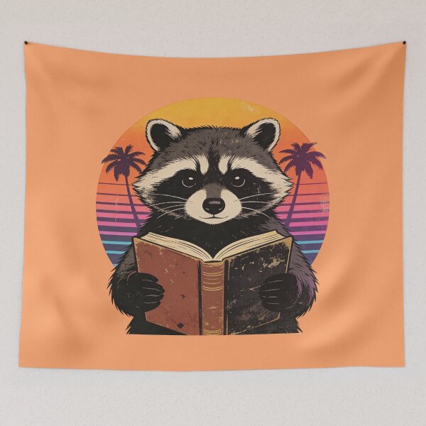 Item preview, Synthwave Raccoon Reading Art: Retro 80s Sunset Palm Tree Aesthetic Design designed and sold by Cherrydora.