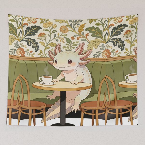 Item preview, Adorable Axolotl Coffee Break: Cozy Bistro Scene with Arts and Crafts Floral Wallpaper designed and sold by Cherrydora.