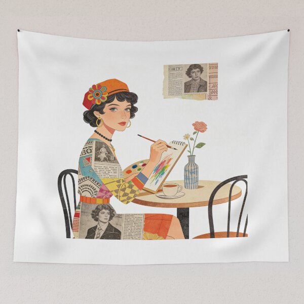 Item preview, Vintage Collage Artiste: Charming Woman Drawing at Cafe Table in Mixed Media Style designed and sold by Cherrydora.