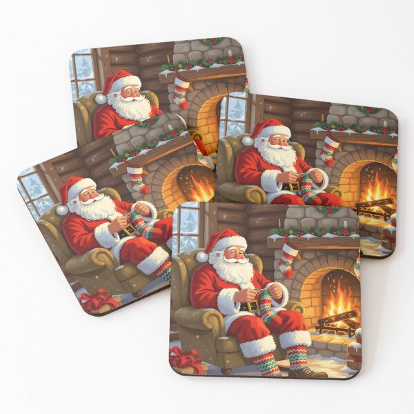 Item preview, Santa Claus sitting by a crackling fireplace meticulously knitting a pair of colorful socks designed and sold by Ponted.