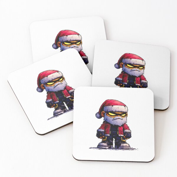 Item preview, Gritty chibi Santa warrior mascot with glowing eyes wearing rugged festive red jacket in bold comic style illustration designed and sold by Mimoshi ⭐⭐⭐⭐⭐.