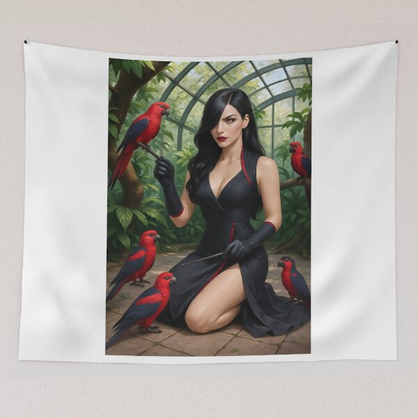 Item preview, Cassandra Kaine kneels with parrots in greenhouse designed and sold by CathryneDelamort.