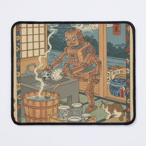 Item preview, Japanese woodblock print, robot washing dishes designed and sold by Mauswohn.