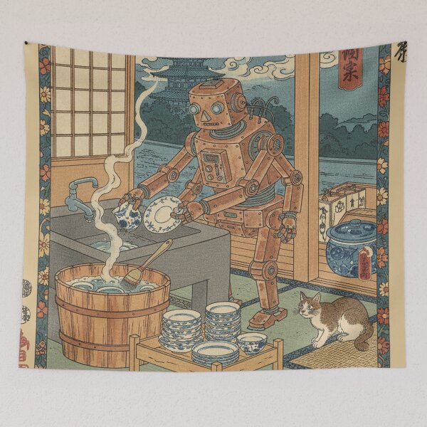 Item preview, Japanese woodblock print, robot washing dishes designed and sold by Mauswohn.