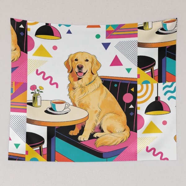 Item preview, Memphis Style Golden Retriever: Neon 80s Pop Art Cafe Dog Illustration designed and sold by Cherrydora.