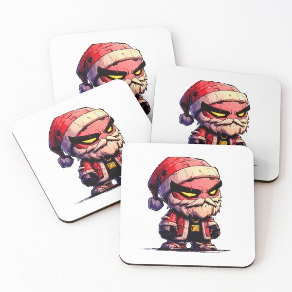 Item preview, Gritty chibi Santa mascot with glowing eyes wearing rugged red outfit and chunky gloves in bold comic illustration style designed and sold by Mimoshi ⭐⭐⭐⭐⭐.