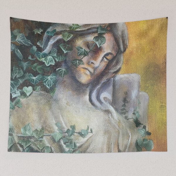 Item preview, statue covered in vines painting designed and sold by June Clancy.
