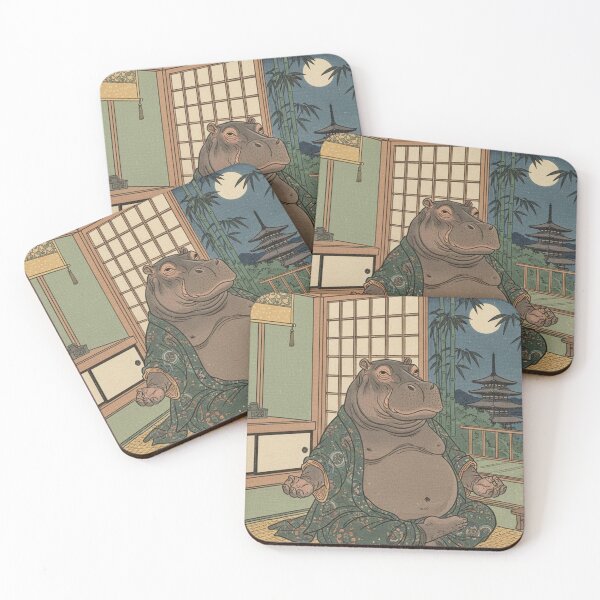 Item preview, aesthetic Japanese woodblock print, hippopotamus doing yoga designed and sold by Mauswohn.