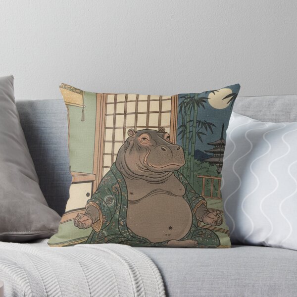 Item preview, aesthetic Japanese woodblock print, hippopotamus doing yoga designed and sold by Mauswohn.