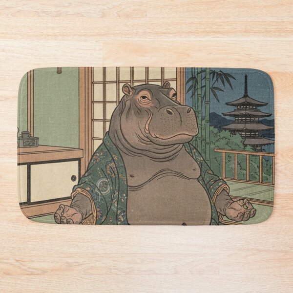 Item preview, aesthetic Japanese woodblock print, hippopotamus doing yoga designed and sold by Mauswohn.