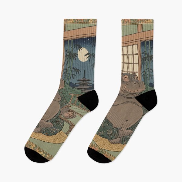 Item preview, aesthetic Japanese woodblock print, hippopotamus doing yoga designed and sold by Mauswohn.
