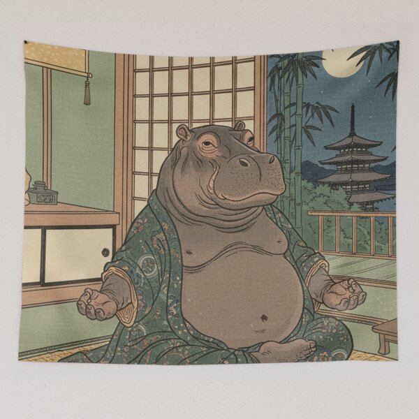 Item preview, aesthetic Japanese woodblock print, hippopotamus doing yoga designed and sold by Mauswohn.