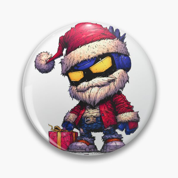 Item preview, Gritty chibi Santa robot mascot holding Christmas gift while wearing rugged red outfit and glowing golden visor details designed and sold by Mimoshi ⭐⭐⭐⭐⭐.