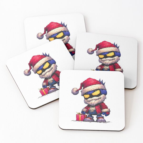 Item preview, Gritty chibi Santa robot mascot holding Christmas gift while wearing rugged red outfit and glowing golden visor details designed and sold by Mimoshi ⭐⭐⭐⭐⭐.