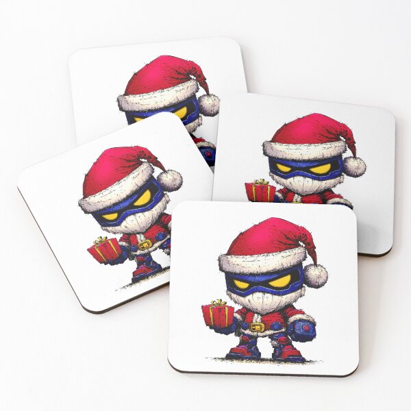 Item preview, Futuristic chibi Santa robot mascot holding Christmas present while wearing armored red suit with glowing expressive yellow visor designed and sold by Mimoshi ⭐⭐⭐⭐⭐.
