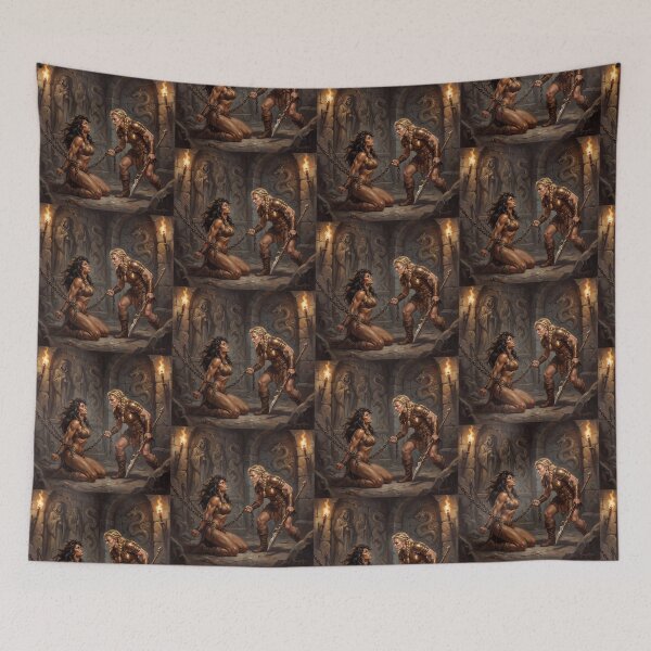 Item preview, Barbarian Woman captured by a shield maiden illustration fantasy art style designed and sold by Vintage Designs +.