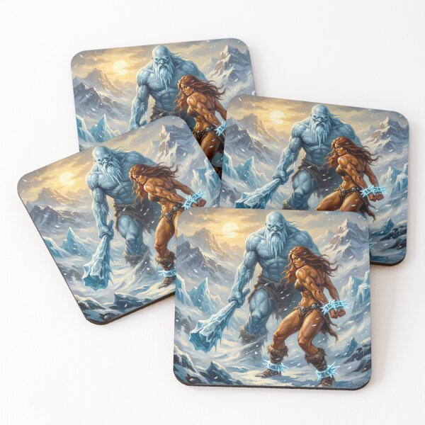Item preview, Barbarian Woman captured by a Ice Giant illustration fantasy art style designed and sold by Vintage Designs +.