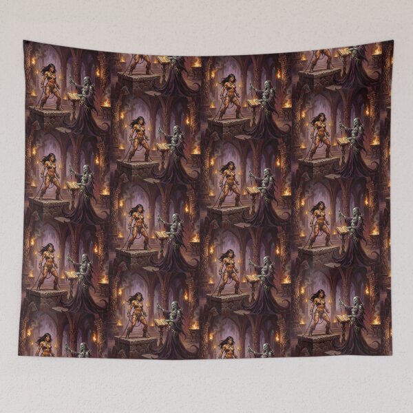 Item preview, Barbarian Woman captured by a Undead Lich  illustration fantasy art style designed and sold by Vintage Designs +.