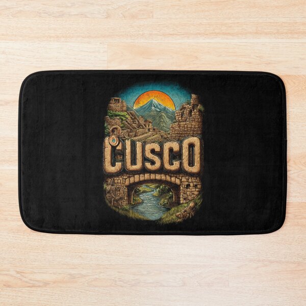 Item preview, Cusco, Peru motif with Inca ruins, stone bridge and Andes – vintage travel illustration designed and sold by Meiersbeste.