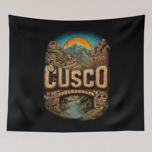 Item preview, Cusco, Peru motif with Inca ruins, stone bridge and Andes – vintage travel illustration designed and sold by Meiersbeste.