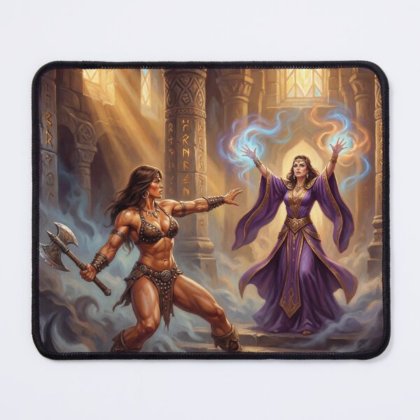 Item preview,  Muscled Barbarian Woman fighting a sorceress illustration fantasy art style designed and sold by Vintage Designs +.