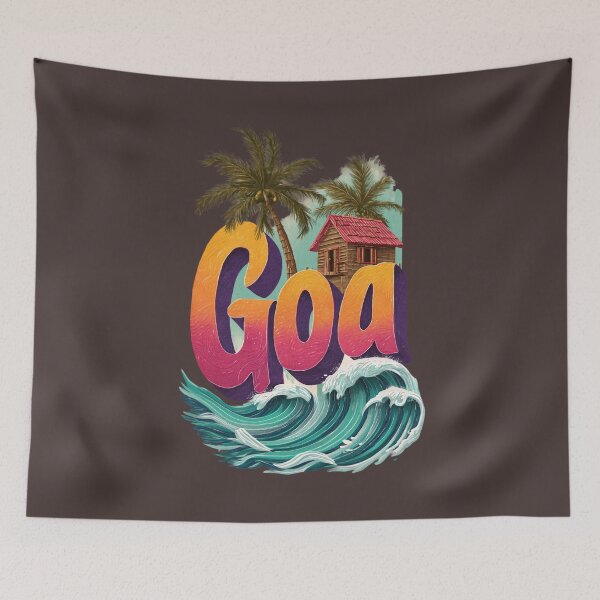 Item preview, Goa India motif with beach hut, palm trees and wave – Tropical holiday design designed and sold by Meiersbeste.