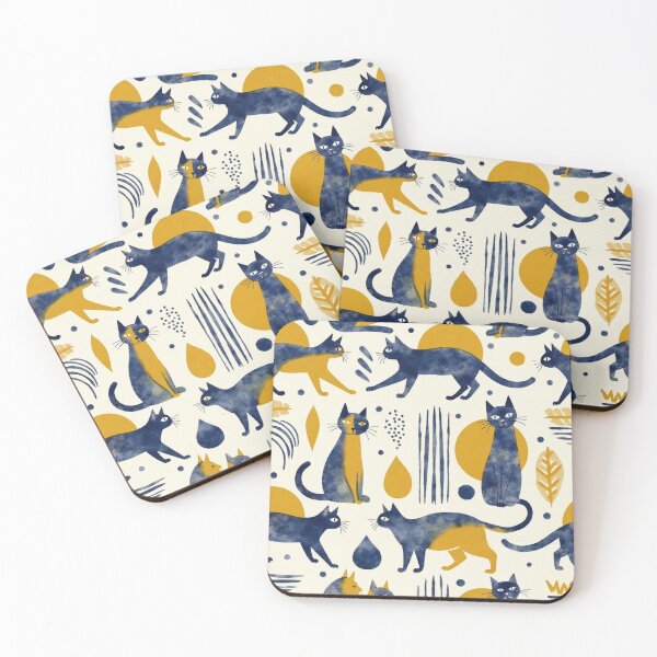 Item preview, Watercolour Navy & Mustard Cat Pattern designed and sold by TroyTheTerrific.