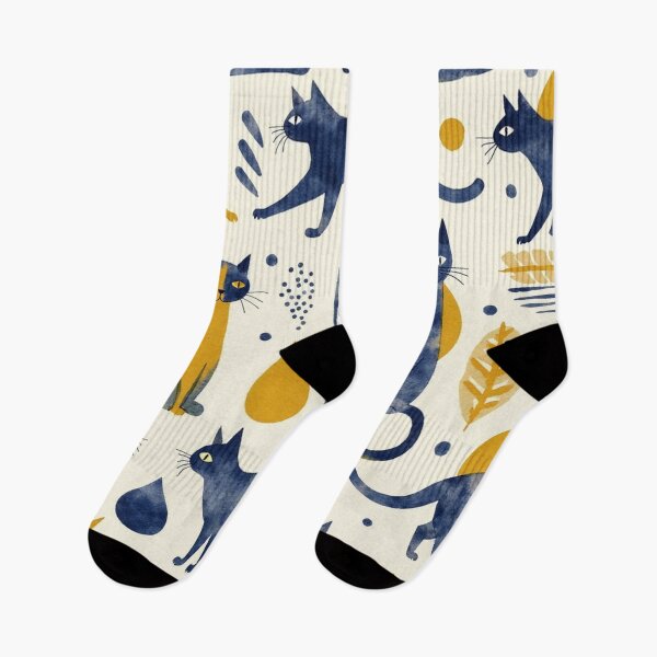 Item preview, Watercolour Navy & Mustard Cat Pattern designed and sold by TroyTheTerrific.