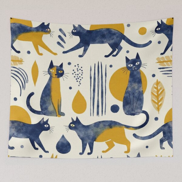 Item preview, Watercolour Navy & Mustard Cat Pattern designed and sold by TroyTheTerrific.