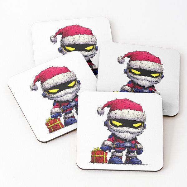 Item preview, Gritty chibi Santa robot mascot holding Christmas gift while wearing rugged red armor and glowing sharp yellow visor details designed and sold by Mimoshi ⭐⭐⭐⭐⭐.