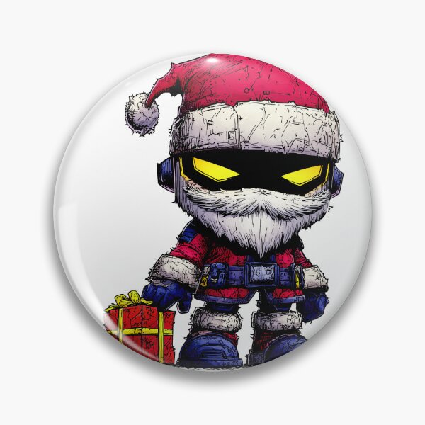 Item preview, Gritty chibi Santa robot mascot holding Christmas gift while wearing rugged red armor and glowing sharp yellow visor details designed and sold by Mimoshi ⭐⭐⭐⭐⭐.