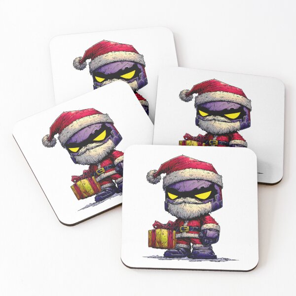 Item preview, Futuristic chibi Santa robot mascot holding festive gift while wearing rugged red suit and glowing sharp yellow visor designed and sold by Mimoshi ⭐⭐⭐⭐⭐.