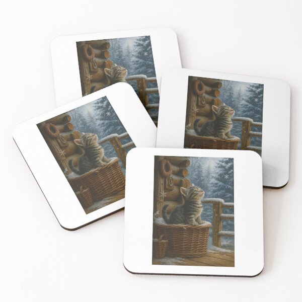 Item preview, Cozy Rustic Kitten in Wicker Basket | Winter Cottage Cat Art designed and sold by LovelyCatGalaxy.