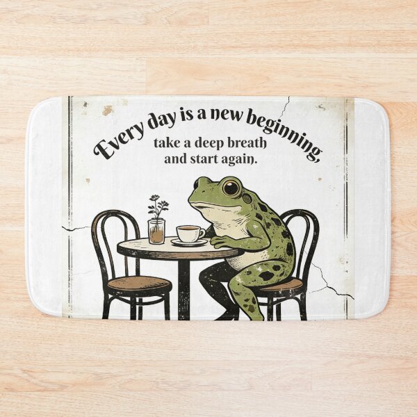 Item preview, Vintage Woodcut Frog at Cafe | Motivational Quote Art Print | Every Day is a New Beginning designed and sold by Cherrydora.