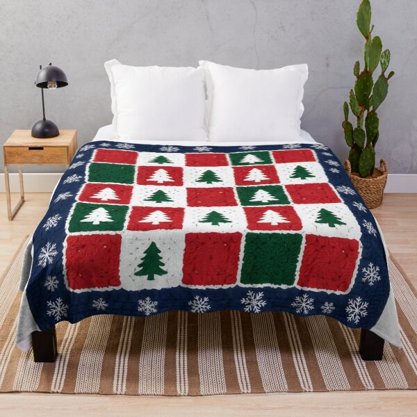 Item preview, Cozy Christmas Throw Blanket & Pillow Cover – Red, Green & White Patchwork Tree Pattern with Snowflakes – Festive Holiday Home Decor Gift designed and sold by ZyxDes.