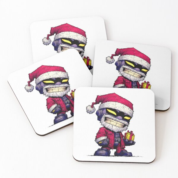 Item preview, Gritty chibi Santa robot mascot holding festive present while wearing rugged red coat and glowing expressive yellow visor designed and sold by Mimoshi ⭐⭐⭐⭐⭐.