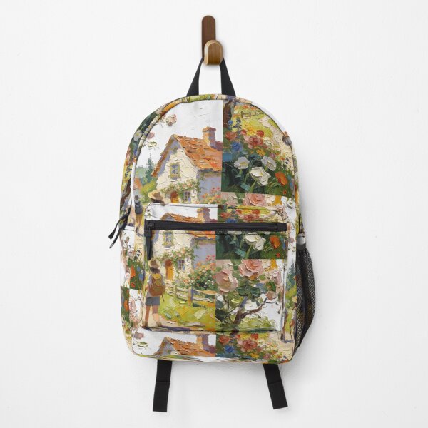 Artikelvorschau, Impasto-Ölgemälde: Strukturierte Cottagecore-Szene mit Wanderern in einem sommerlichen Rosengarten entworfen und verkauft von Cherrydora.